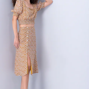 Yellow Floral Smocked Crop Top and Midi Skirt Set