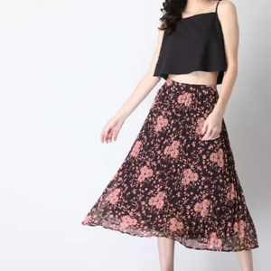 Maroon Floral Pleated Midi Skirt